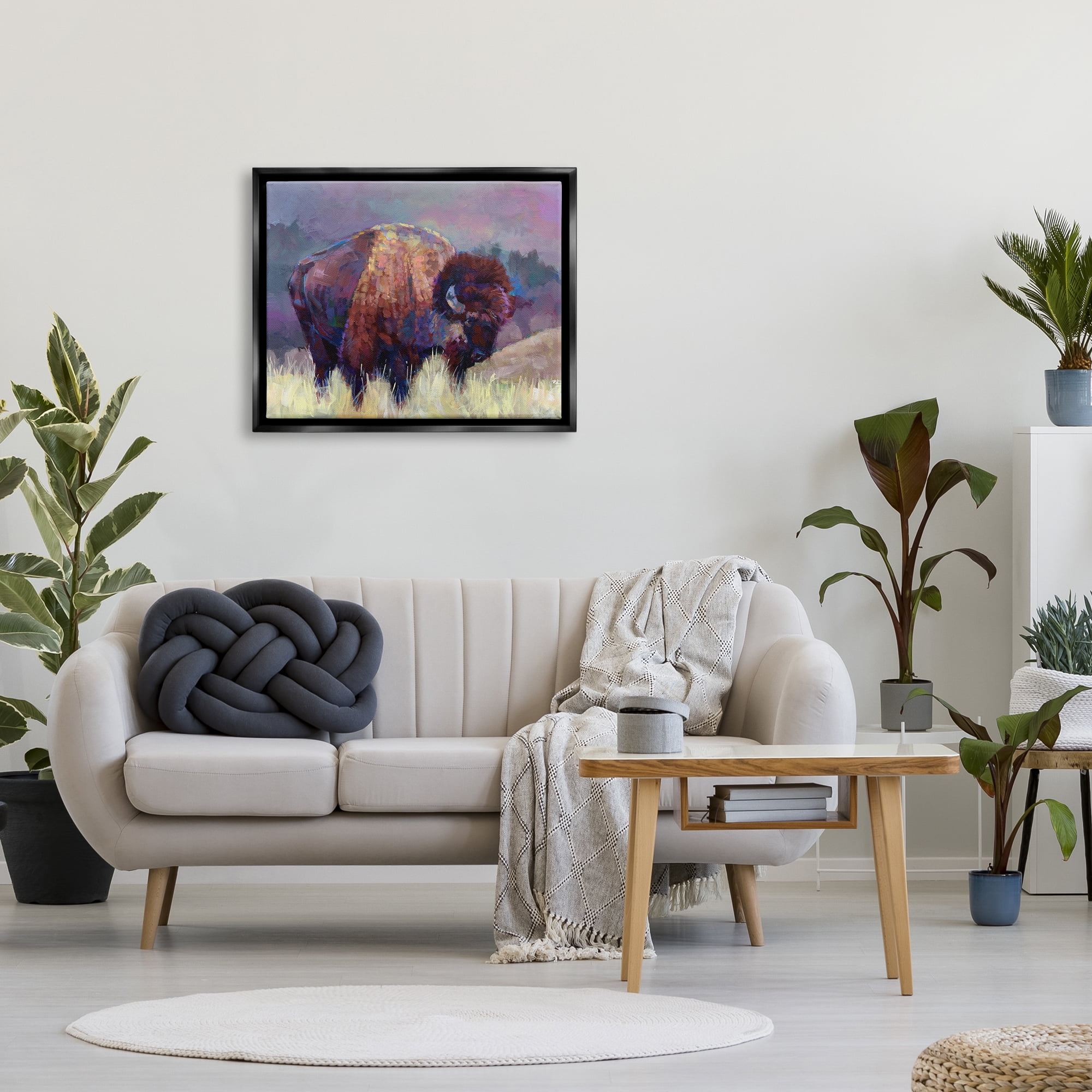 Stupell Industries Vibrant Bison Grazing Rural Meadow Purple Landscape Painting Jet Black Floating Framed Canvas Print Wall Art, Design by Robert Jackson