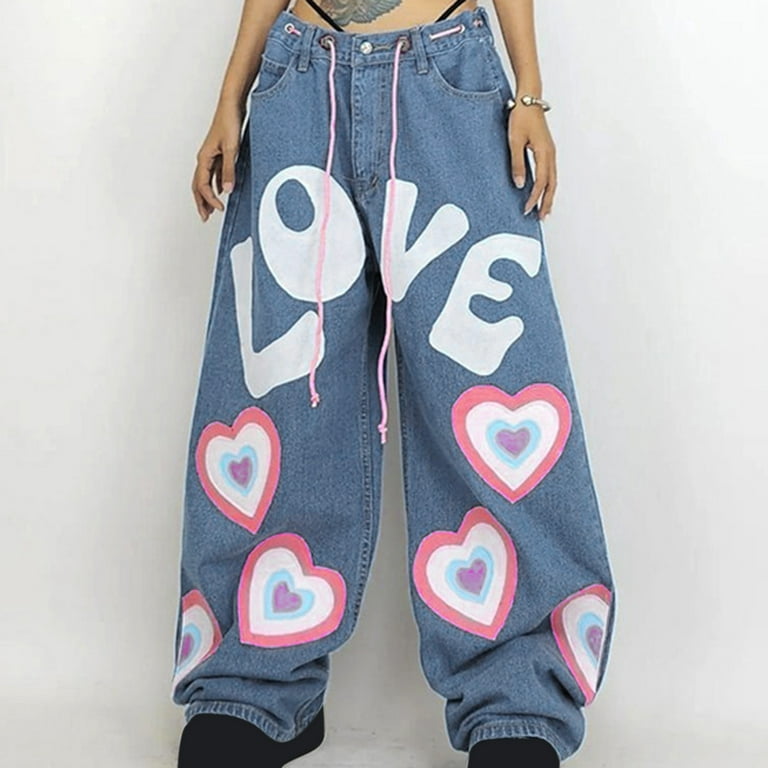 Women's Baggy Wide Leg Jeans Low Waist Sweet Love Heart Print Tie Spicy  Girl Oversize Denim Pants Y2k Streetwear 
