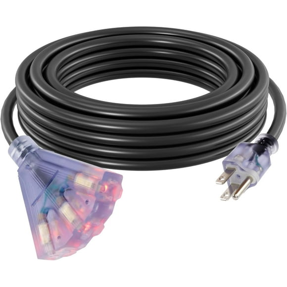 SHIQI-14 Gauge 1875W 30FT 3 Outlet Lighted Outdoor Extension Cord with Multiple Outlets Black