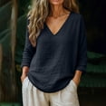 thumbnail image 1 of TaTaai 2026 Spring Womens V Neck Long Sleeve Tee Loose Blouse Casual Solid Color Fashion Top Linen Texture Stretchy Polyester Daily Pullover Gift, 1 of 6