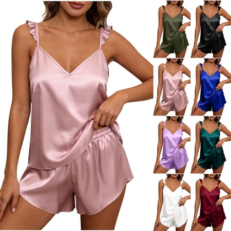 Mifsaly Womens Silk Pajamas Set Ruffle Strap V Neck Cami Top and High Waisted Shorts Home Honeymoon Vacation Satin Sleepwear Matching Outfits Pink XL