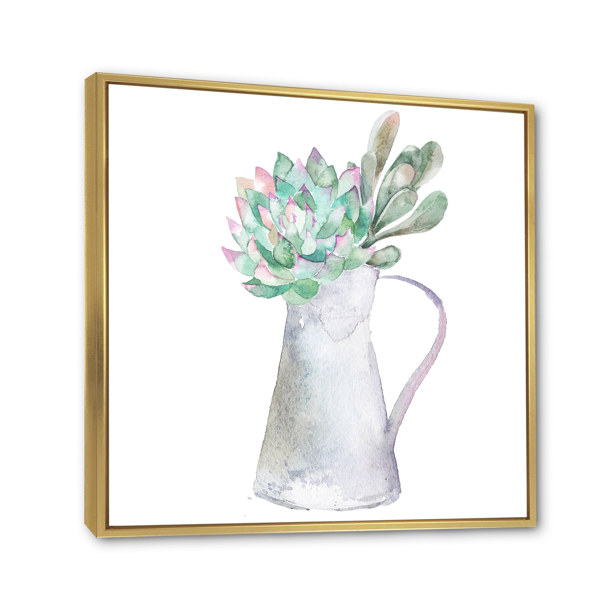 Designart 'Succulent Home Plant In Jug' Traditional Framed Canvas Wall Art Print