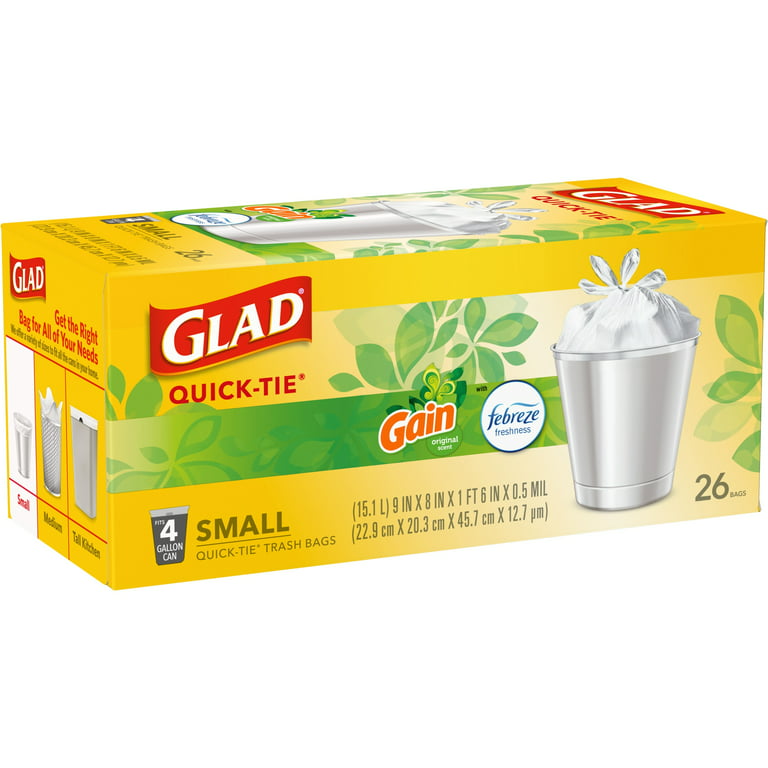Glad OdorShield Quick-Tie Small Trash Bags, 4 gal, 0.5 mil, 8 x 18,  White, 26 Bags/Box, 6 Boxes/Carton (78812)