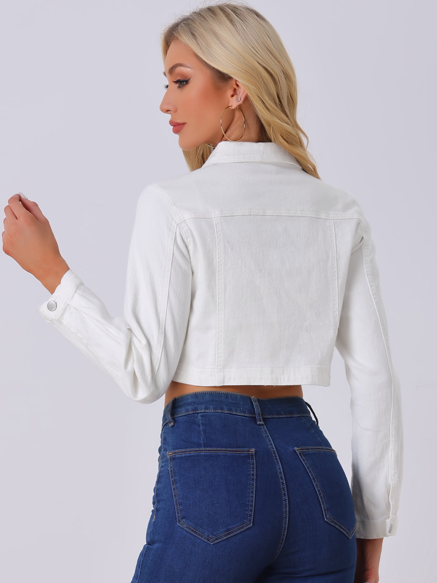 DARING DIVA Women's Collared Button Down Long Sleeve Crop Denim Jackets M White