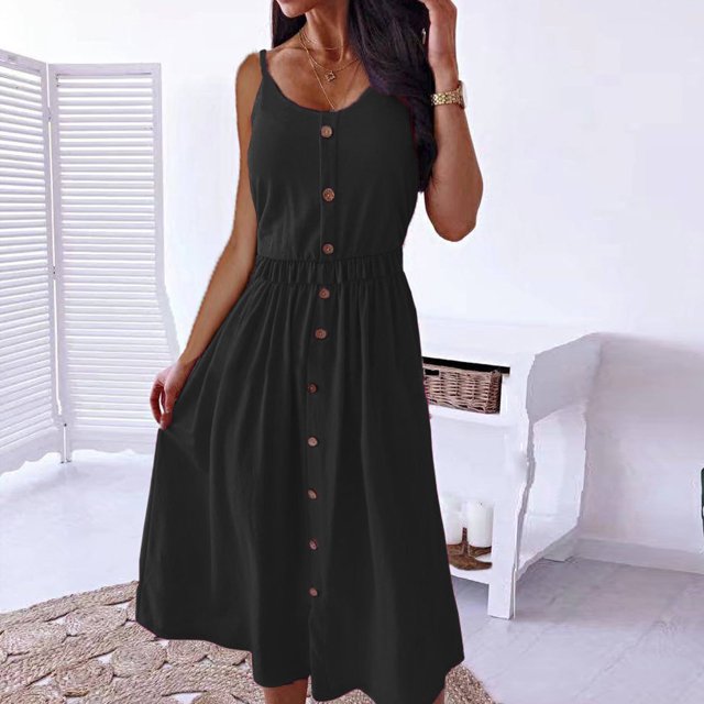 Gspmoly Robes pour Femmes, Robe Sans Manches Unie à Col Rond et Mi-Mollet pour Femmes, Robe de Cocktail de Printemps et d'Été, Offres des Fêtes