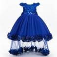 thumbnail image 6 of Girls Mini Gown Sequin Embroidery Flower Ruffle Sleeve Cinched A-Line Tutu Princess Dress Kids Elegant Fluffy Mesh Layered Dresses Blue 3-4 Years, 6 of 7
