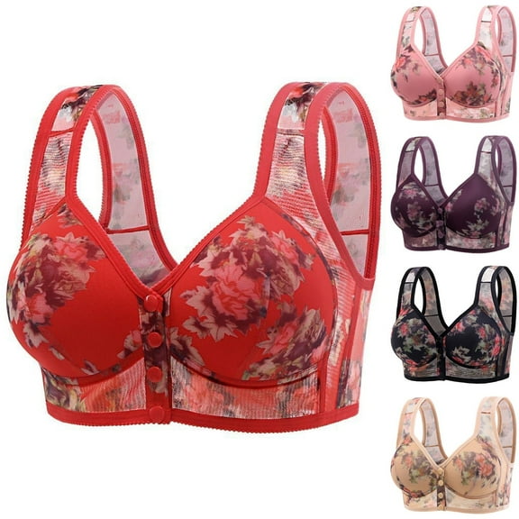 Front Closure Bras for Older Women 2025 Wireless No Underwire, Full Coverage Floral Bra, Soft Breathable Push Up Tshirt Bra for Seniors