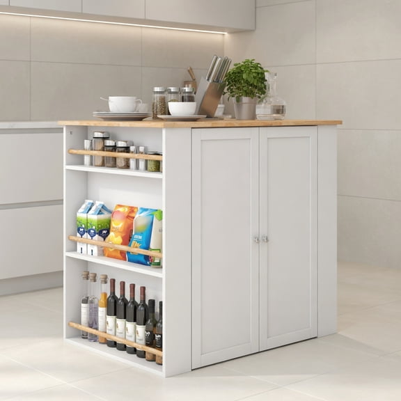 Resenkos Modern White & Natural Rubber Wood Kitchen Island with Storage Drawer, Open Shelves, Cabinet & 6-Tier Spice Rack – 39.5" x 29.5" x 38"