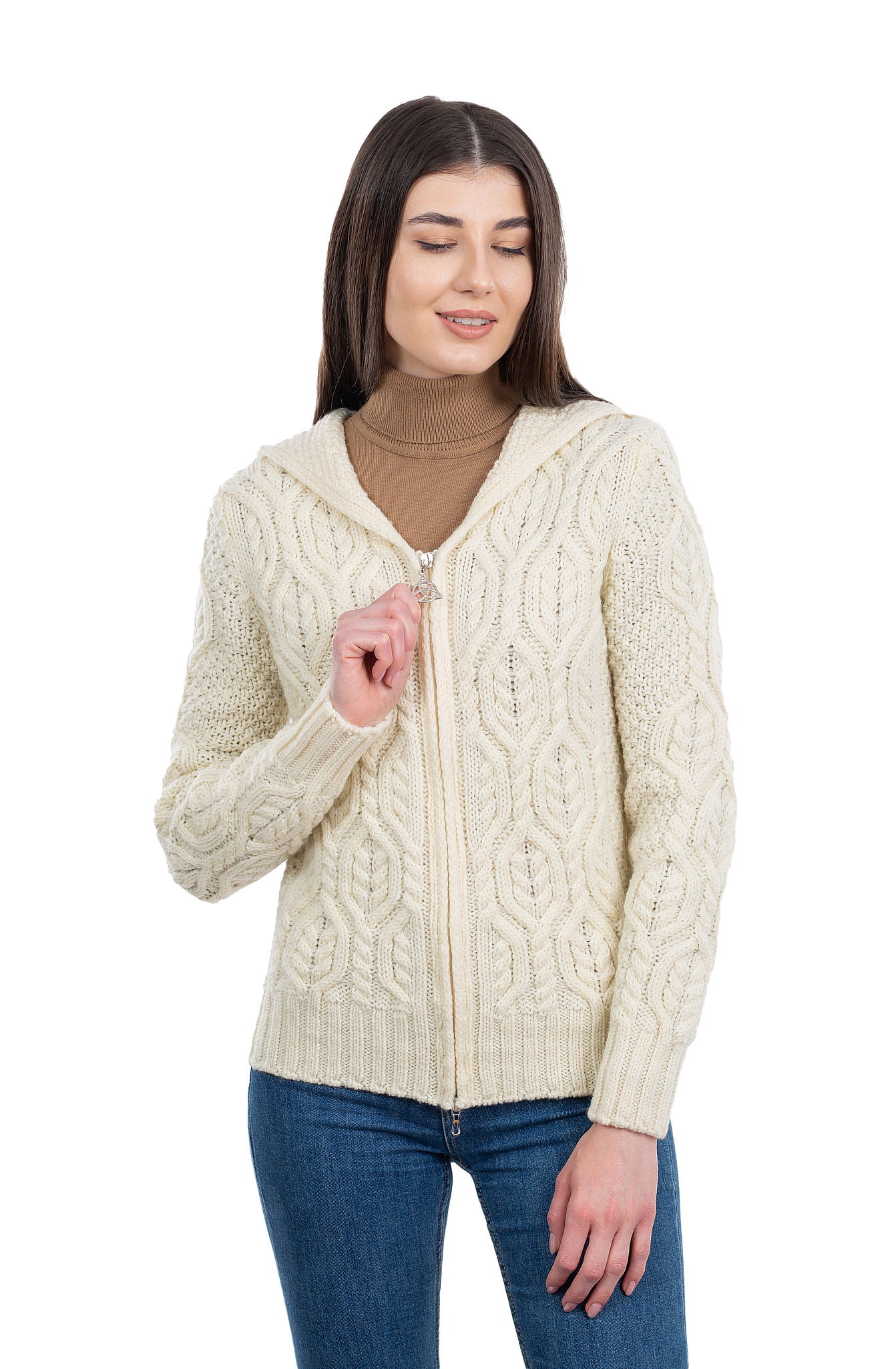 SAOL 100% Merino Wool Women's Aran Zip Cardigan Sweater Irish 