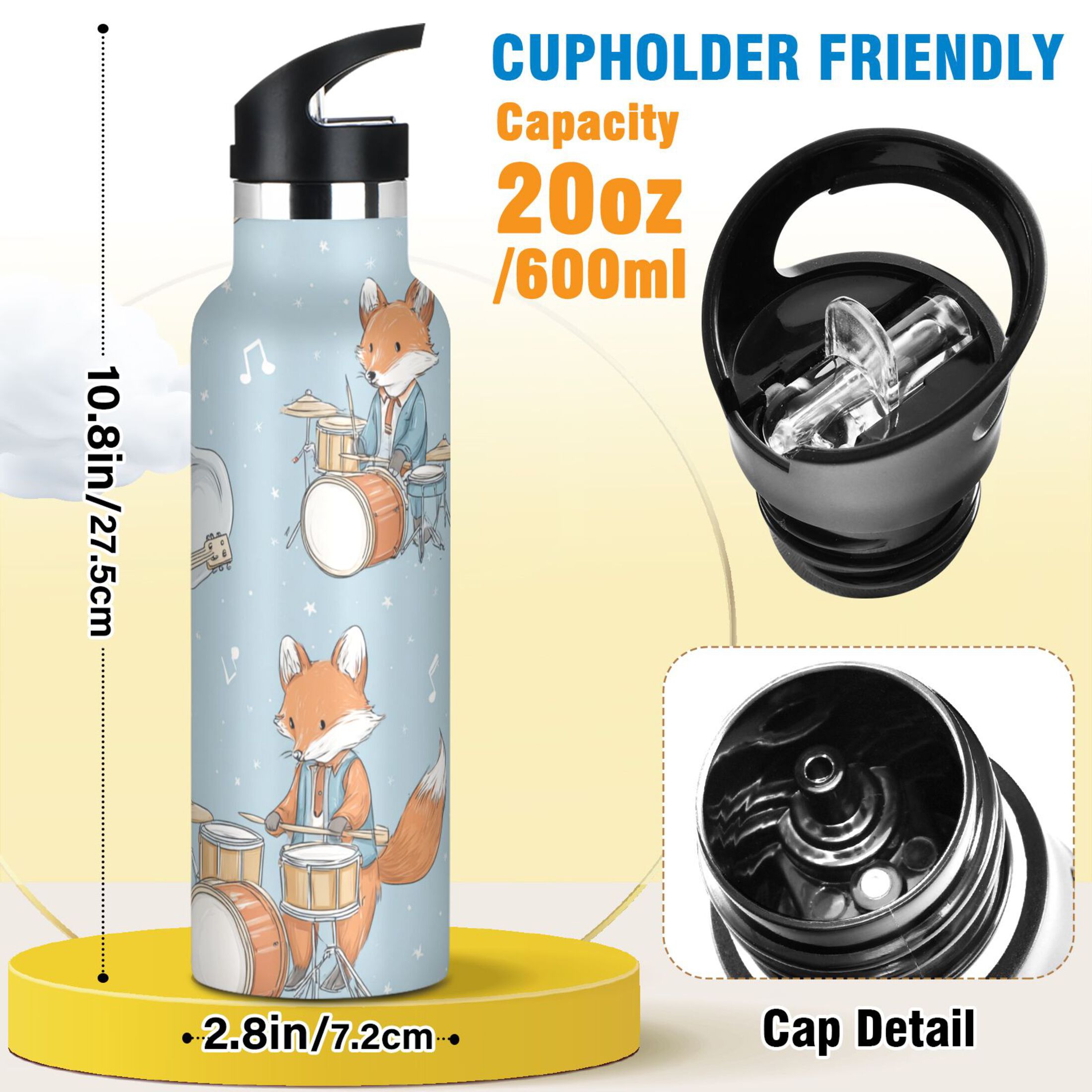 Kids Insulated Stainless Steel Sports Water Bottle 600ml (20oz) Animals Playing Musical Instruments