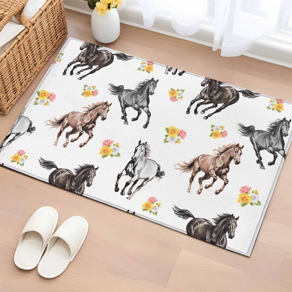 Spring Flowers Entryway Rug 2'x3' Non Slip Front Door Mats, Black Brown White Horse Country Vintage Entrance Rugs Indoor Outdoor Carpet, Washable Floor Mats Small Area Rug for Bedroom Kitchen