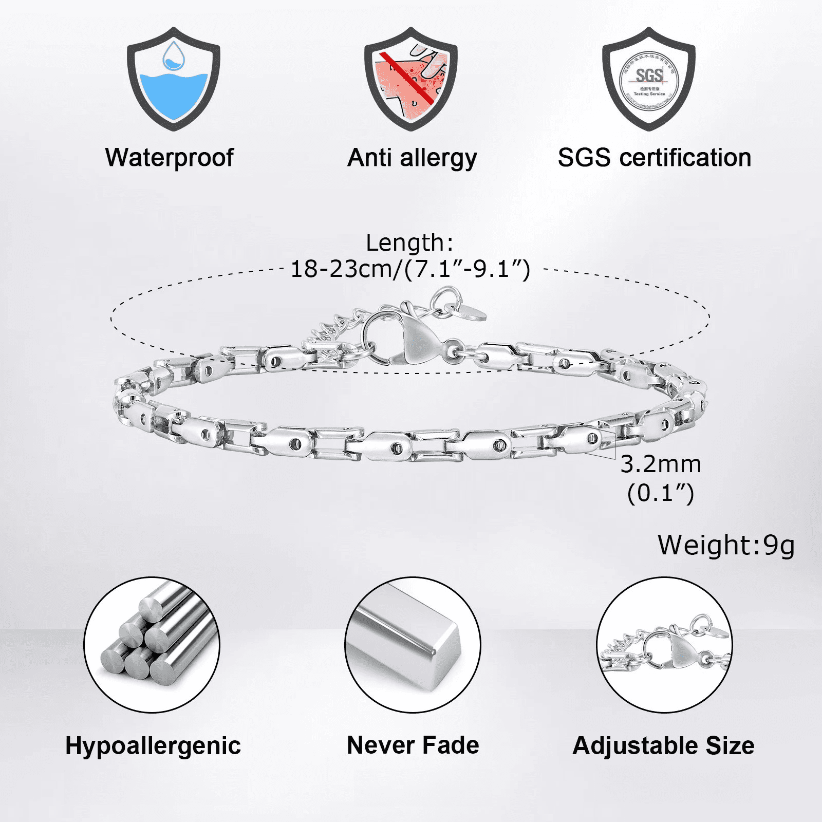 Thin 14K White Gold Chain Bracelets for Men Boys,Waterproof Handmade Chain Links Wristband,Stylish Gift for Husband Father BBF