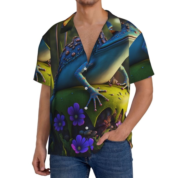 Fotbe Cute Blue Frog Camisa Estampada de Manga Corta para Hombre, Casual de Verano, Estilo Playero, Sin Arrugas-XX-Large