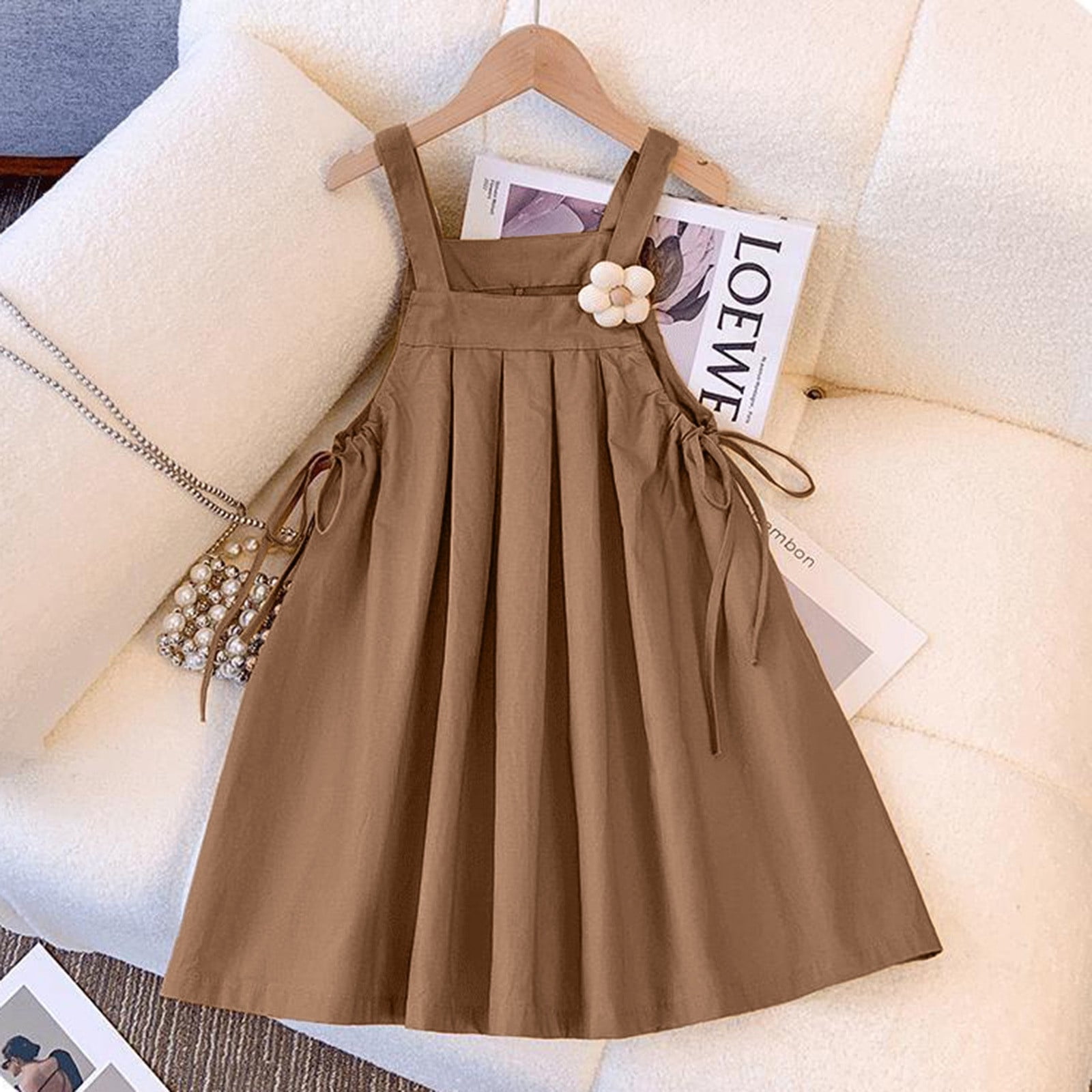 Fall Outfits Girls Kids Dress Outfits Short Sleeve Tops Suspender Skirt Set 2Pcs Baby Fall Clothes Khaki 8 Years-9 Years