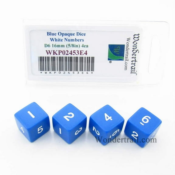 Blue Opaque Dice with White Numbers D6 16mm (5/8in) Pack of 4 Wondertrail