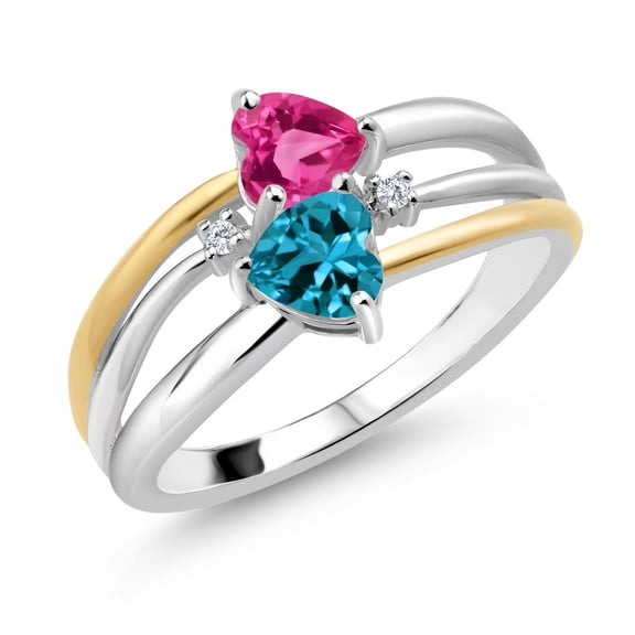 925 Silver and 10K Yellow Gold Pink Mystic Topaz and London Blue Topaz and White Lab Grown Diamond Band Ring for Women (1.17 Cttw, Gemstone November Birthstone, Heart Shape 5MM, Size 7)