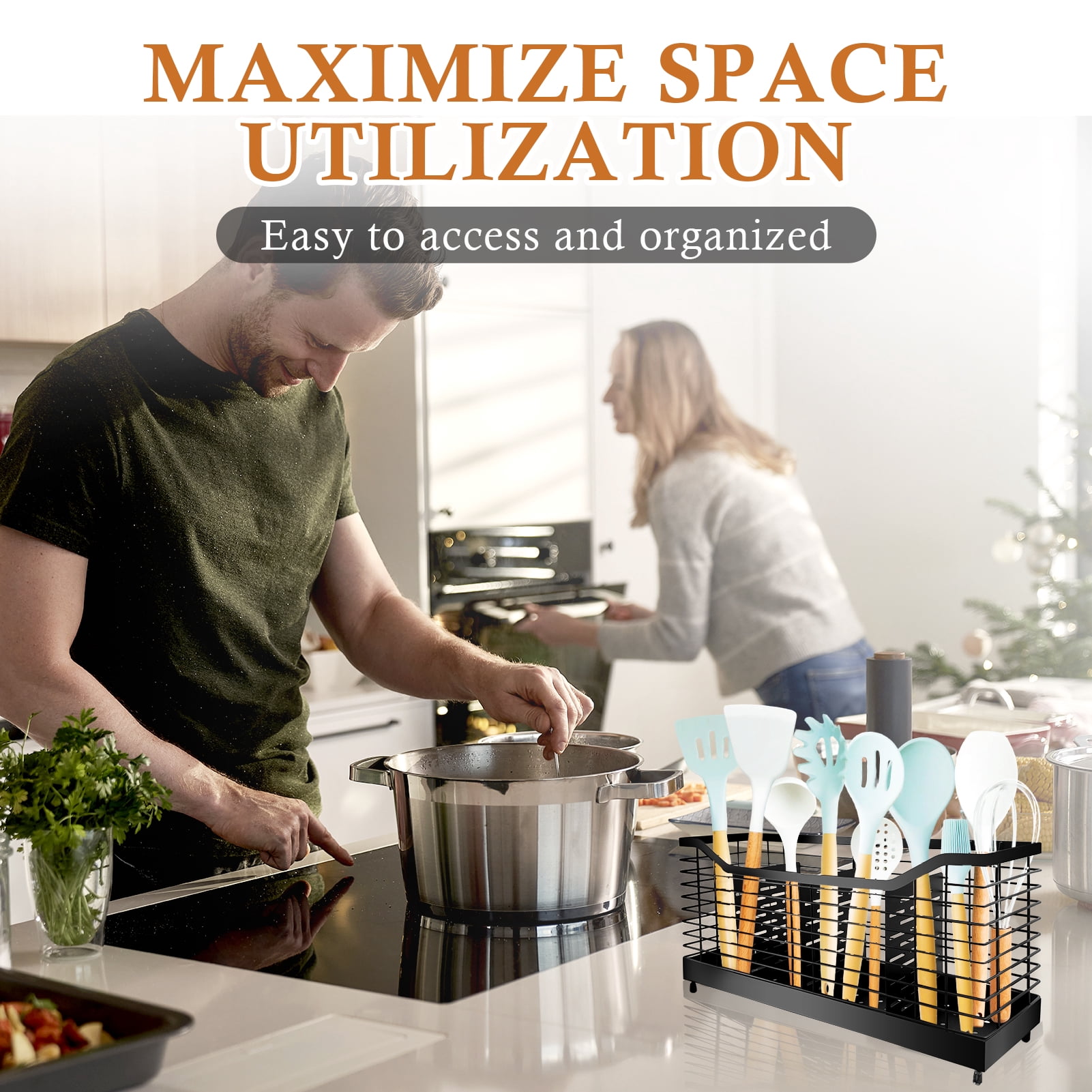 Godance Extra Large Kitchen Utensil Organizer with 4 Compartments - Countertop Storage Holder for 40+ Cooking Tools, Drainage Design with Non-Slip Base, Countertop Organizer for Spoons, Spatulas