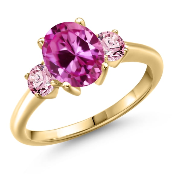 Gem Stone King 10K Yellow Gold Pink Created Sapphire and Pink Lab Grown Diamond Engagement Ring for Women | 1.50 Cttw | Oval 9X7MM | Gemstone September Birthstone | Size 7