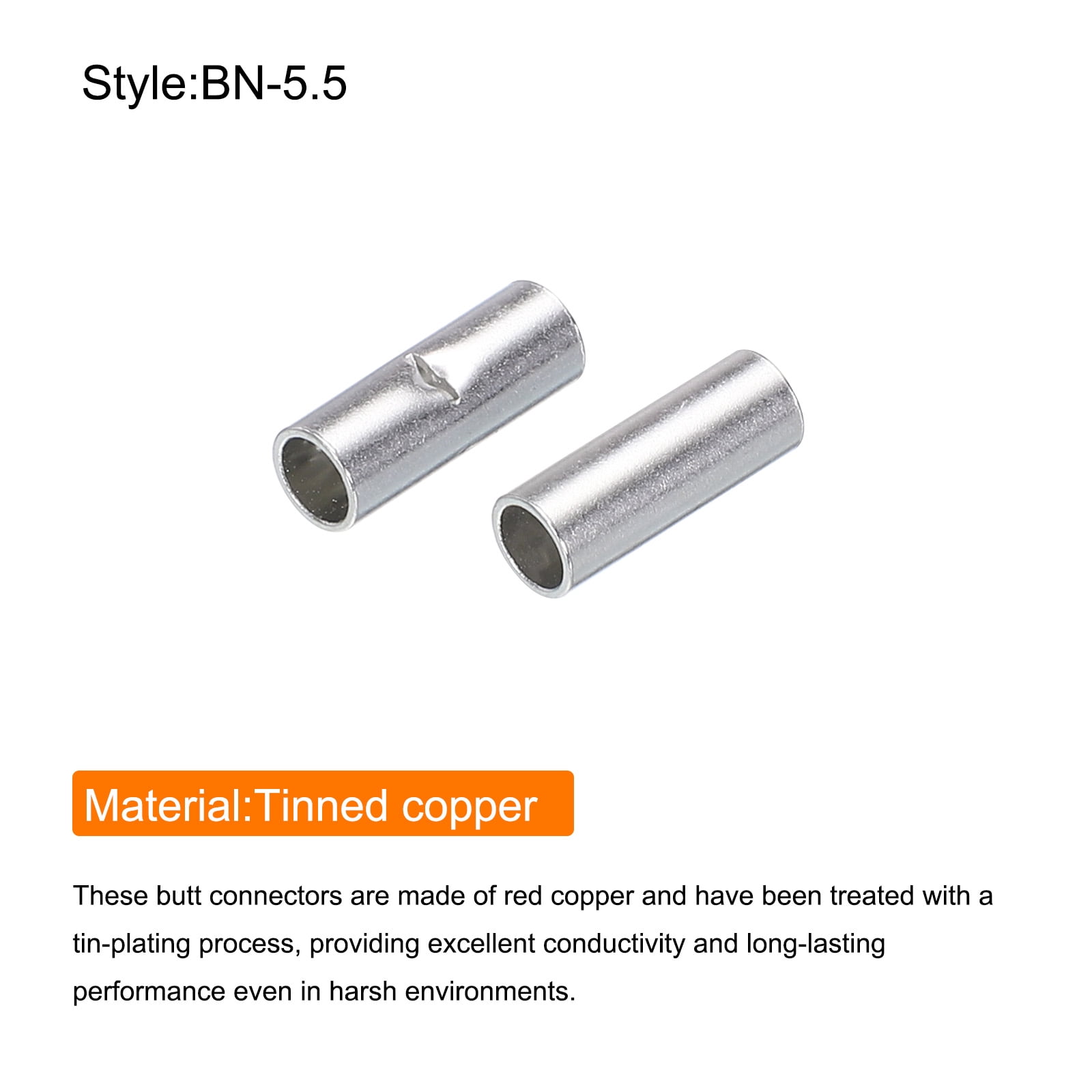200Pcs Non Insulated Butt Connectors 12-10AWG Wire Connector BN-5.5 for Electrical Wire Crimp Ferrule
