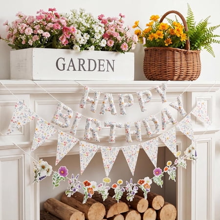 3 Pcs Flower Birthday Banner Felt Happy Birthday Banner Pre-strung 3D Wildflower Party Decorations Floral Party Decorations for Girls Women Garden Decor