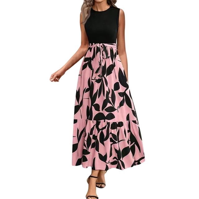 Summer Dresses For Women 2025 Floral Print Wrap Short Sleeve Maxi Dress Patchwork Ruffle A Line Dress
