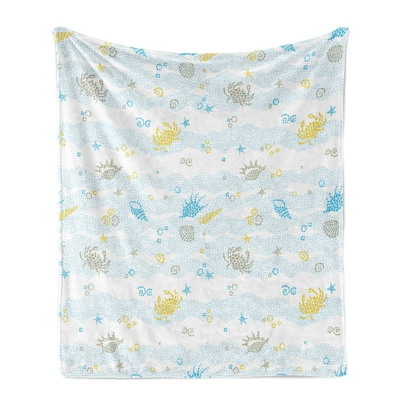 Crabs Soft Flannel Fleece Blanket, Maritime Sea Theme Crabs and Seashells Animals on the Spotted Background Print, Cozy Plush for Indoor and Outdoor Use, 50" x 60", Blue and Yellow, by Ambesonne
