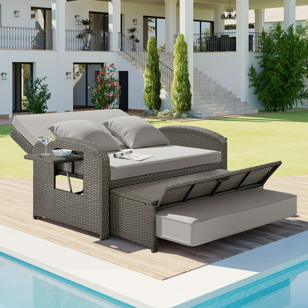 Outdoor Chaise Lounge Chairs 2 Person Wicker Rattan Lounge Reclining Chaise Daybed with Adjustable Back and Cushions Patio Pool Sunbathing Lounger Chairs for Garden Backyard Lawn Grey Walmart Business...