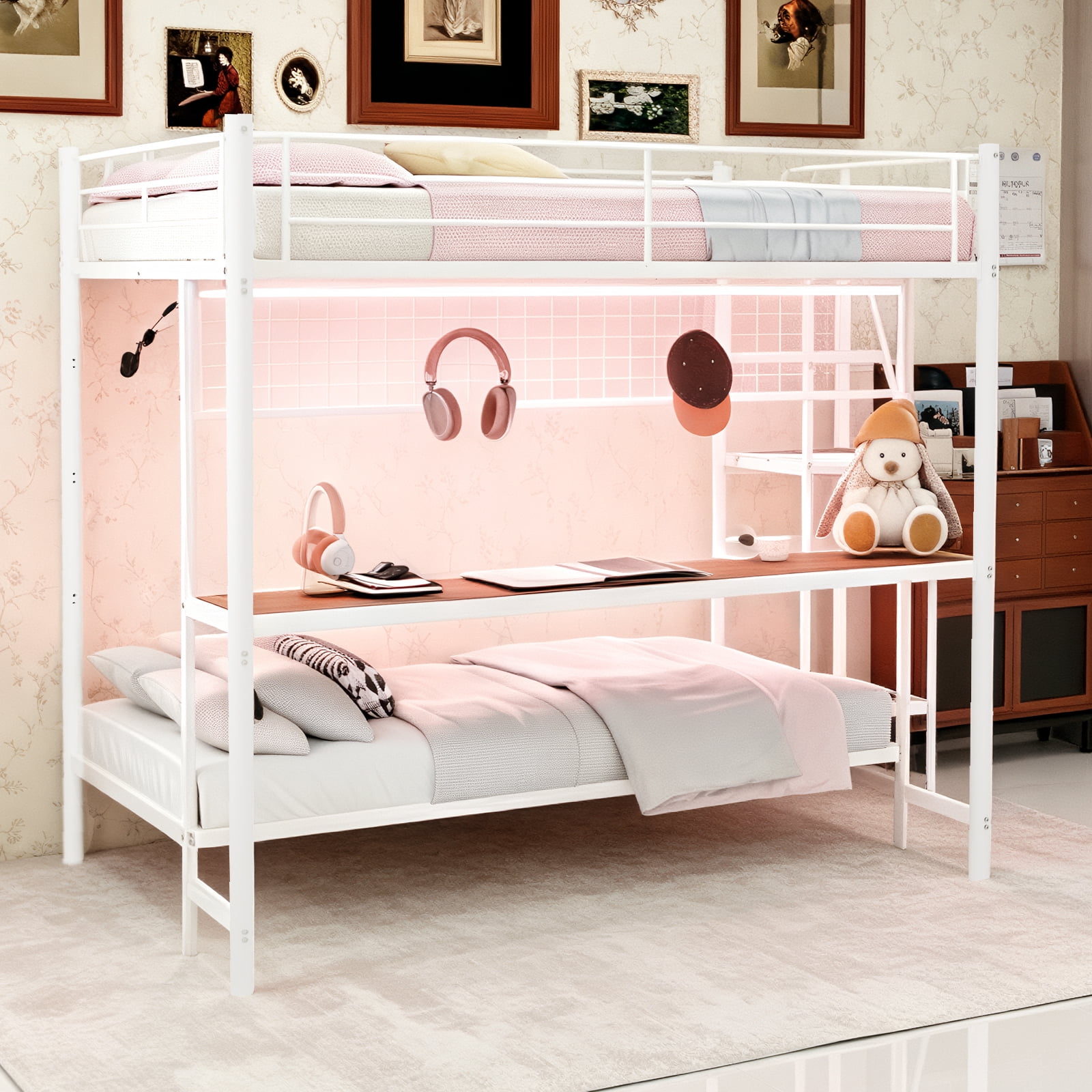 Leumius Twin over Full Size Metal Bunk Bed with Built-In Desk & LED Lighting,Heavy Duty Metal Bunk Beds Frame with Ladder for Bedrooms,Dorms,White