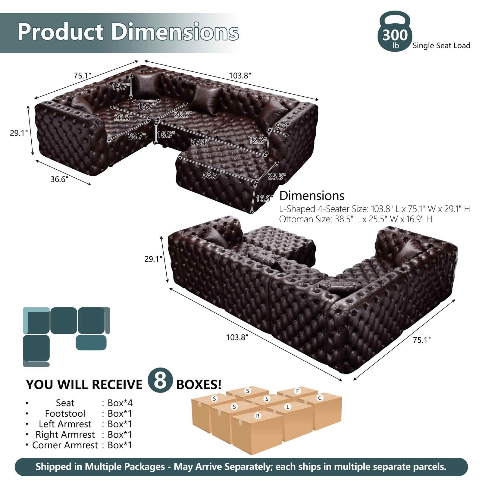 MAYEERTY 103.8" L‑Shaped 4‑Seat Faux‑Leather Modular Sofa Set, Handcrafted Button Tufted Couch with Ottoman & 4 Pillows for Living Room & Small Apartment