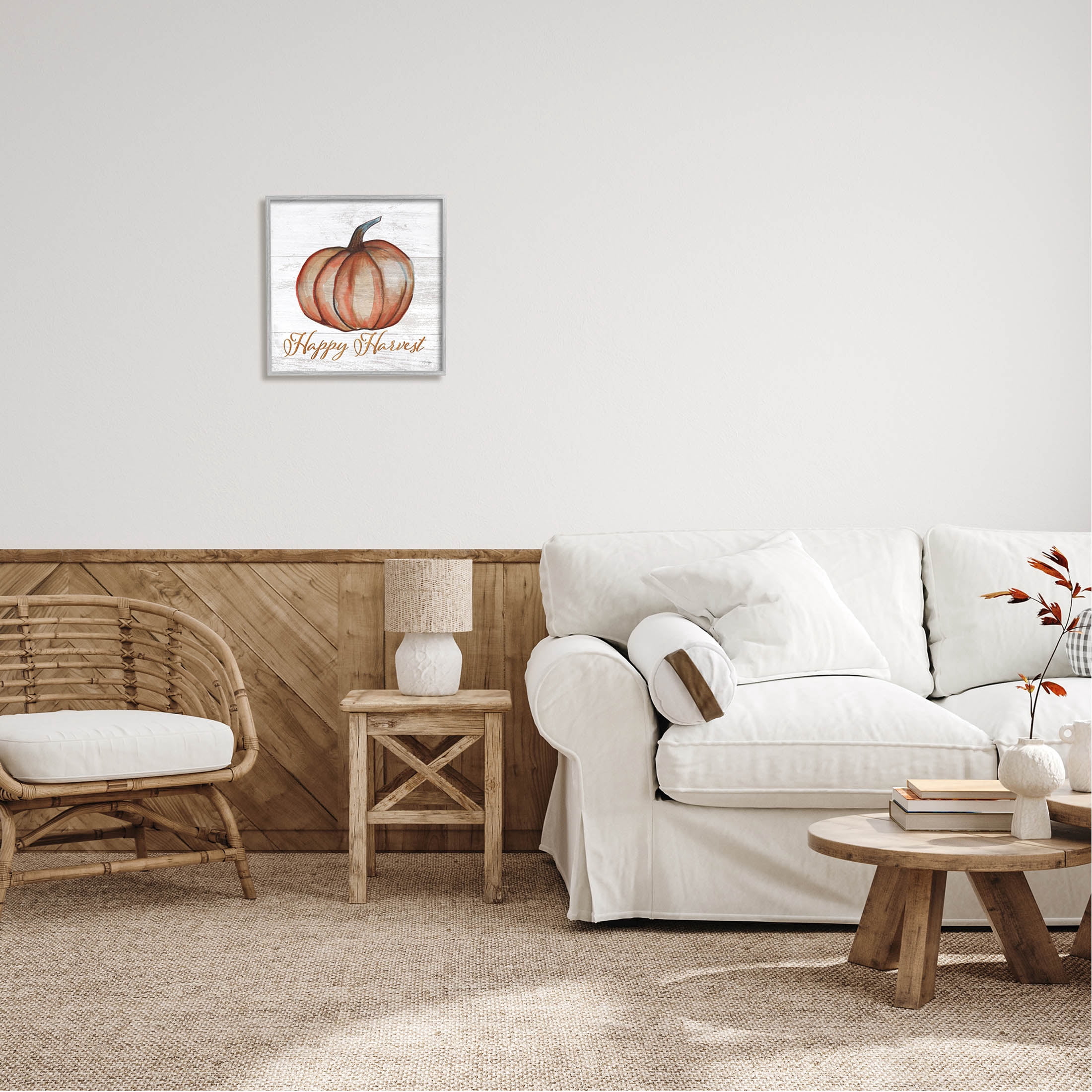 Happy Harvest Pumpkin Country Rustic Holiday Graphic Art Gray Framed Art Print Wall Art