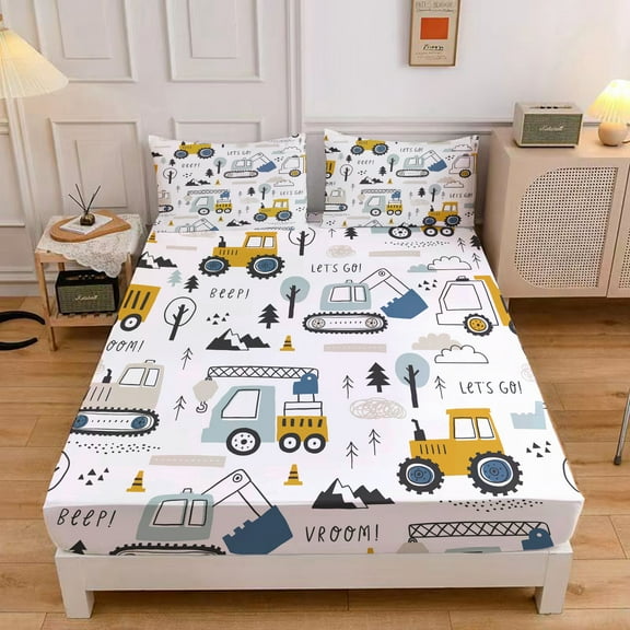 WASFDN Cartoon Excavator Sheet Set for Kids Boys Truck Construction Bedding Set Engineering Vehicle Bed Sheet Sets with 1 Fitted Sheet and 2 Pillowcases,Twin Size,Style A