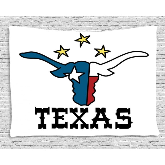 Texas Star Tapestry, Doodle Style Buffalo Head with Horns Texas Flag and Vintage Letters Cowboy Theme, Wall Hanging for Bedroom Living Room Dorm Decor, 80W X 60L Inches, Multicolor, by Ambesonne