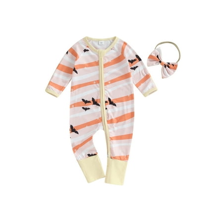 

Mioliknya Baby Halloween Zip Front Romper Print Long Sleeve Romper + Headband