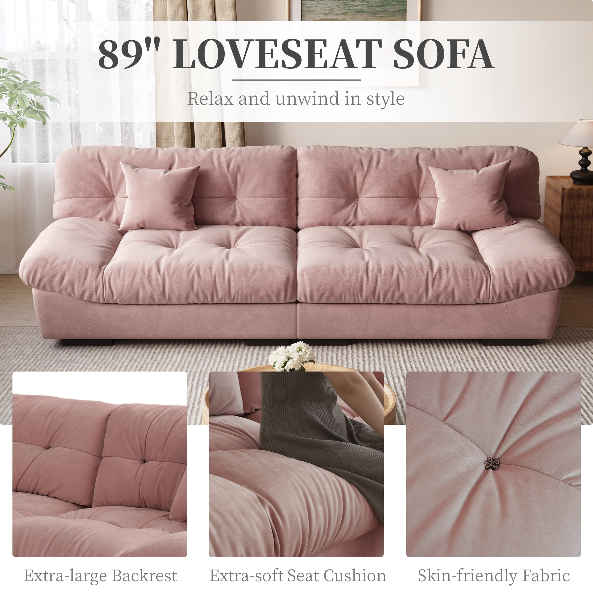 Magic Home 89" Cloud Sofa,Modern Velvet Couch,3-Seat Sofa for Living Room,Apartment and Small Space,Pink