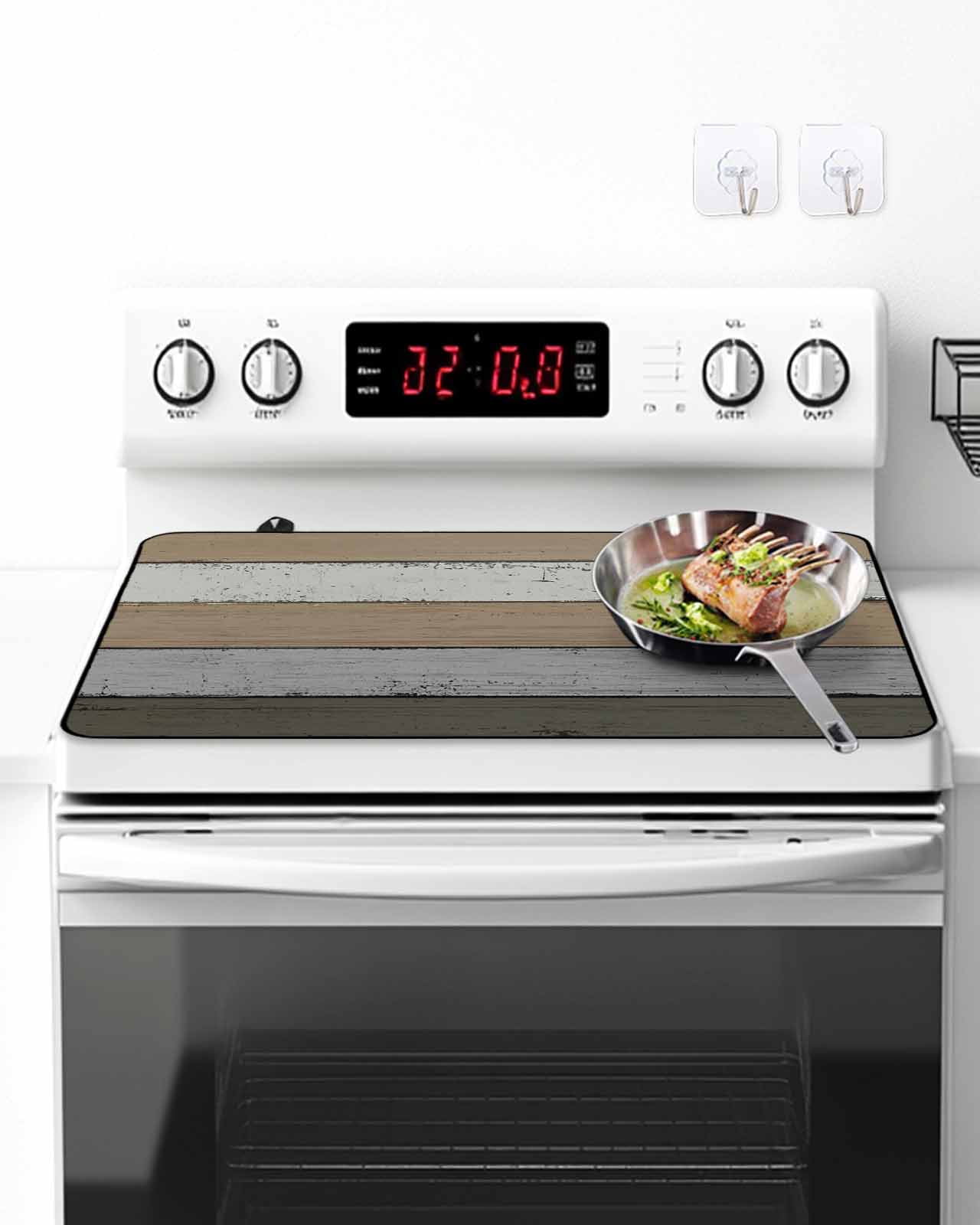 Stove Top Covers for Electric Stove, Brown Wood Grain Glass Stovetop Cover Protector, Vintage Grey Stripe Gradient Grain Induction Cooktop Protector Oven Mat for Kitchen Countertop 24"x21"