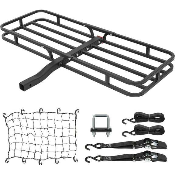 53 x 19 x 4-1/8 Inch Hitch Cargo Carrier, 500 lbs Capacity Steel Hitch Cargo Rack Basket with Cargo Net, Ratchet Strap, Tightener for Car SUV Truck Traveling Camping, 2" Receiver