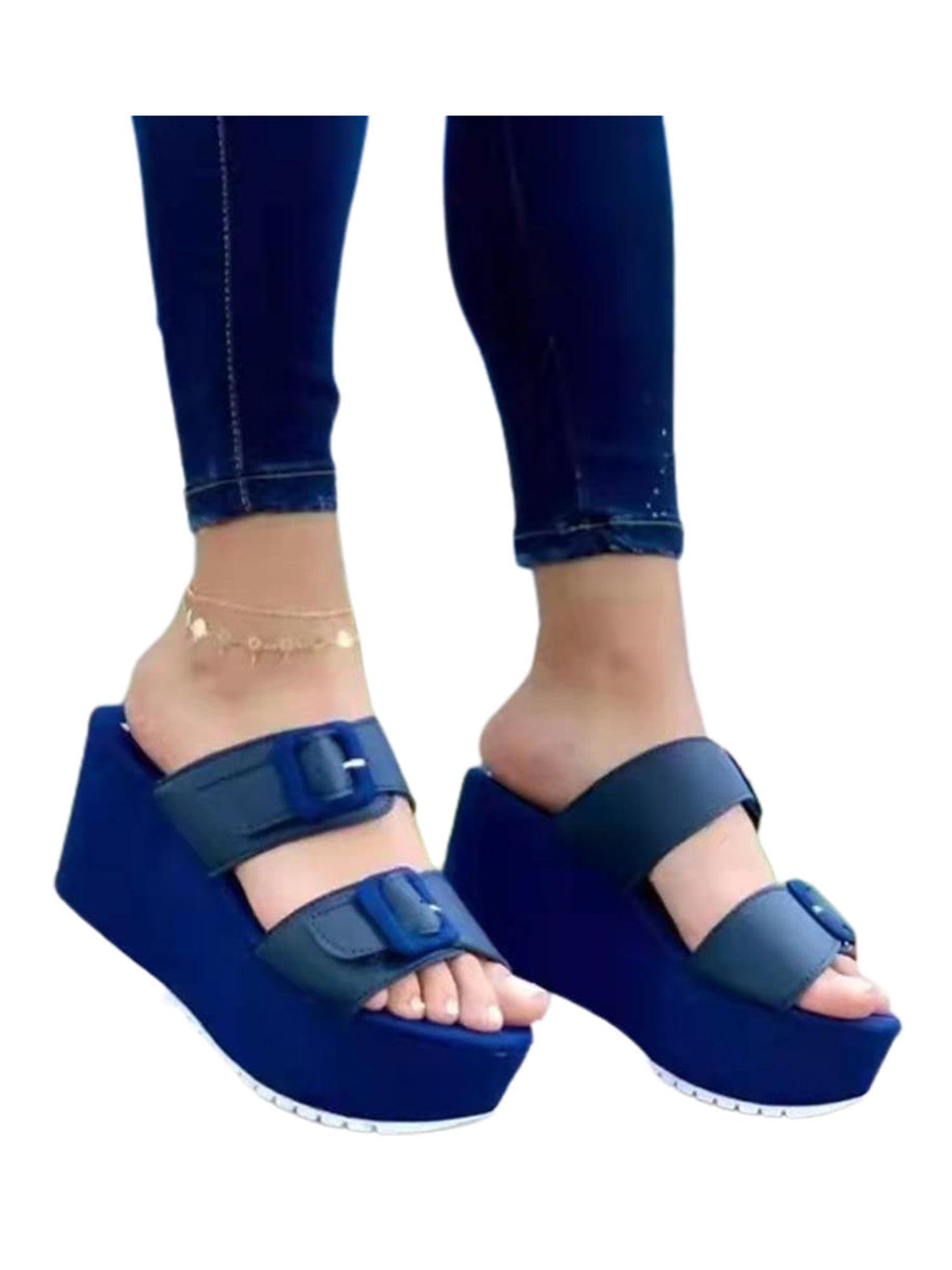 Womens Sandals Platform Casual Mule Summer Beach Slip-on Double Buckle Slippers