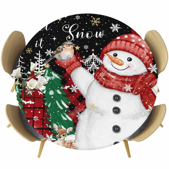 Black Snowman Christmas Round Tablecloth, Fitted Table Cover with Elastic for 36"-44" Round Tables, Snowflake Xmas Tree Winter Elk Table Cloth Outdoor Indoor Dinning Party Waterproof Tablecloths