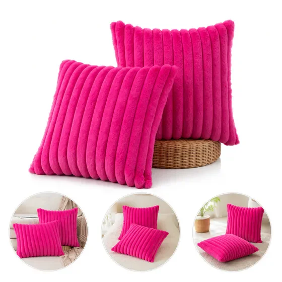 Hot Pink Striped Faux Fur Throw Pillow Covers Set of 2, Square Couch Pillow Covers, Decorative Throw Pillow Covers