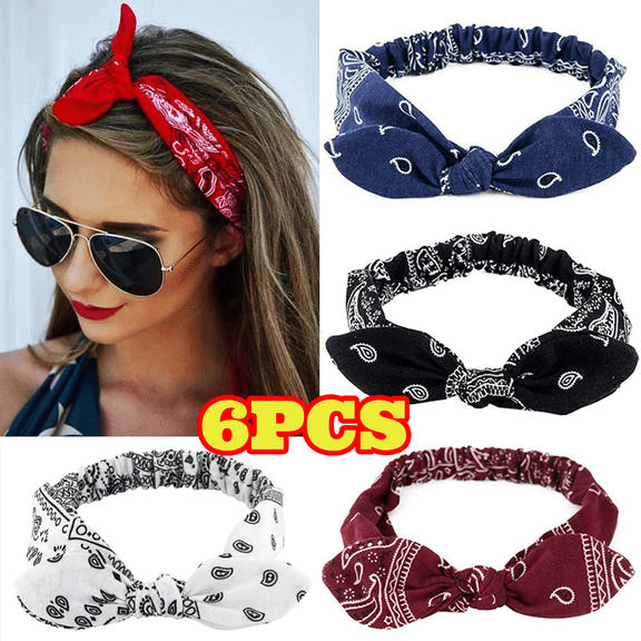 6pcs Boho Bow Headbands for Women, Vintage Paisley Bandana Flower Printed Hairband Elastic Rabbit Ear Head Wrap Cute Hair Accessories