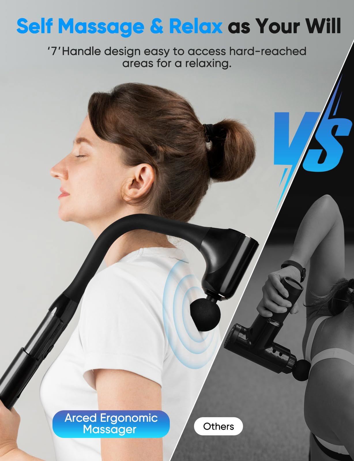 LumixPro Extended Handle Deep Tissue Massage Gun, 4 Heads, 4 Speeds Percussion Muscle Massager for Back Neck Shoulder Pain Relief, Home Gym Use