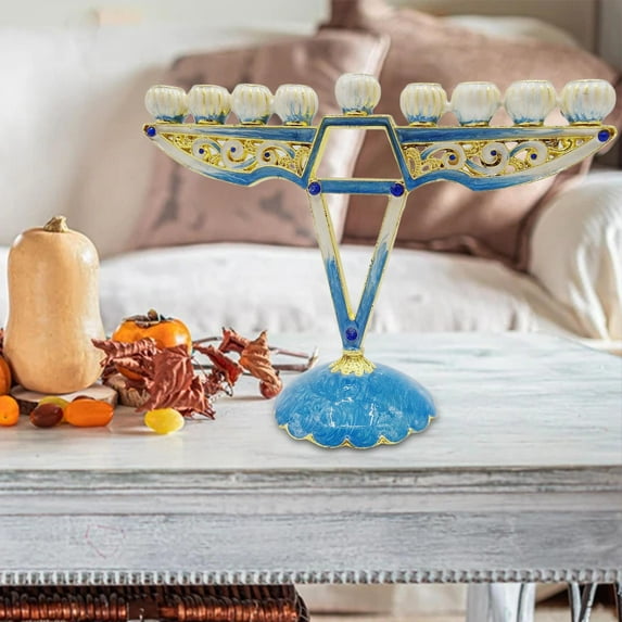 Hand Painted Enameled Metal Menorah, Bejeweled Embellished Jewish Candlesticks, Candelabra with Jeweled Accents, Candle Holder Blue