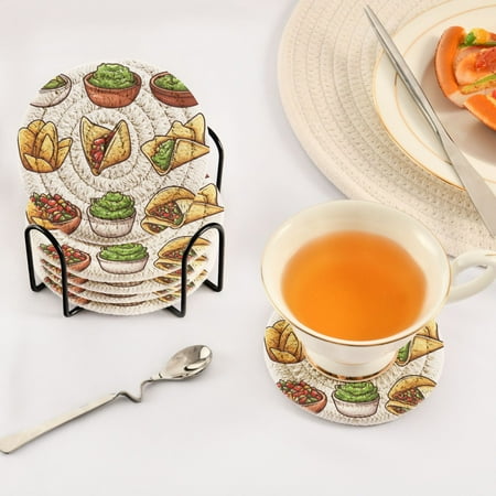 

Delicious Food Pattern Set of 6 Durable Woven Polyester Coasters with Black Storage Rack 4in