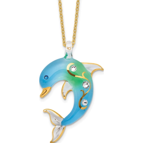 Fashion Glass 22K Accent Gold-Trim Turquoise Dolphin 18 Inch Gold-Tone Necklace (42.75 X 4.49) Made In China gm9398