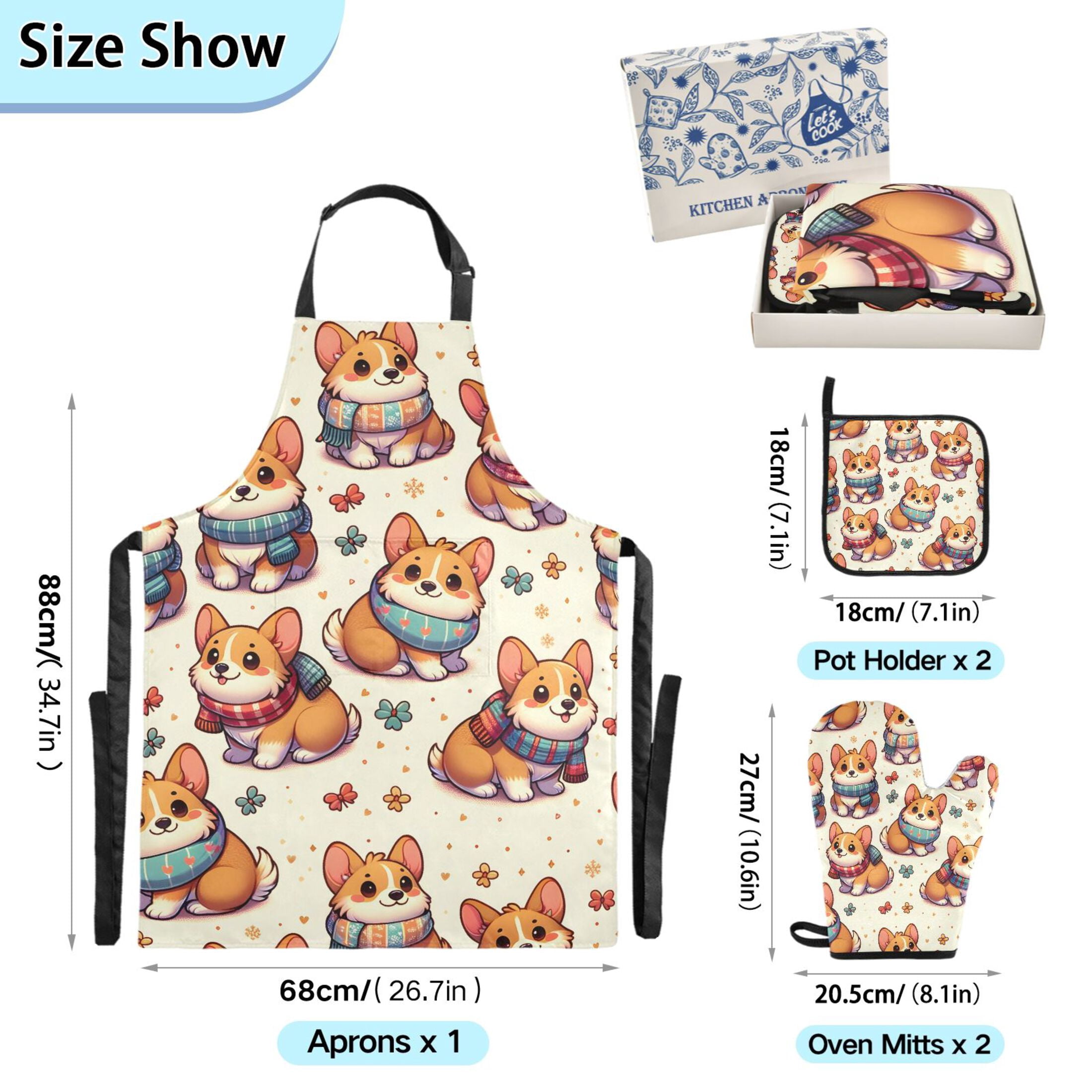 Corgi Dog Wearing Scarves 5 Pcs Kitchen Set Heat Resistant Oven Mitts and Non-Slip Pot Holders with Adjustable Cooking Apron