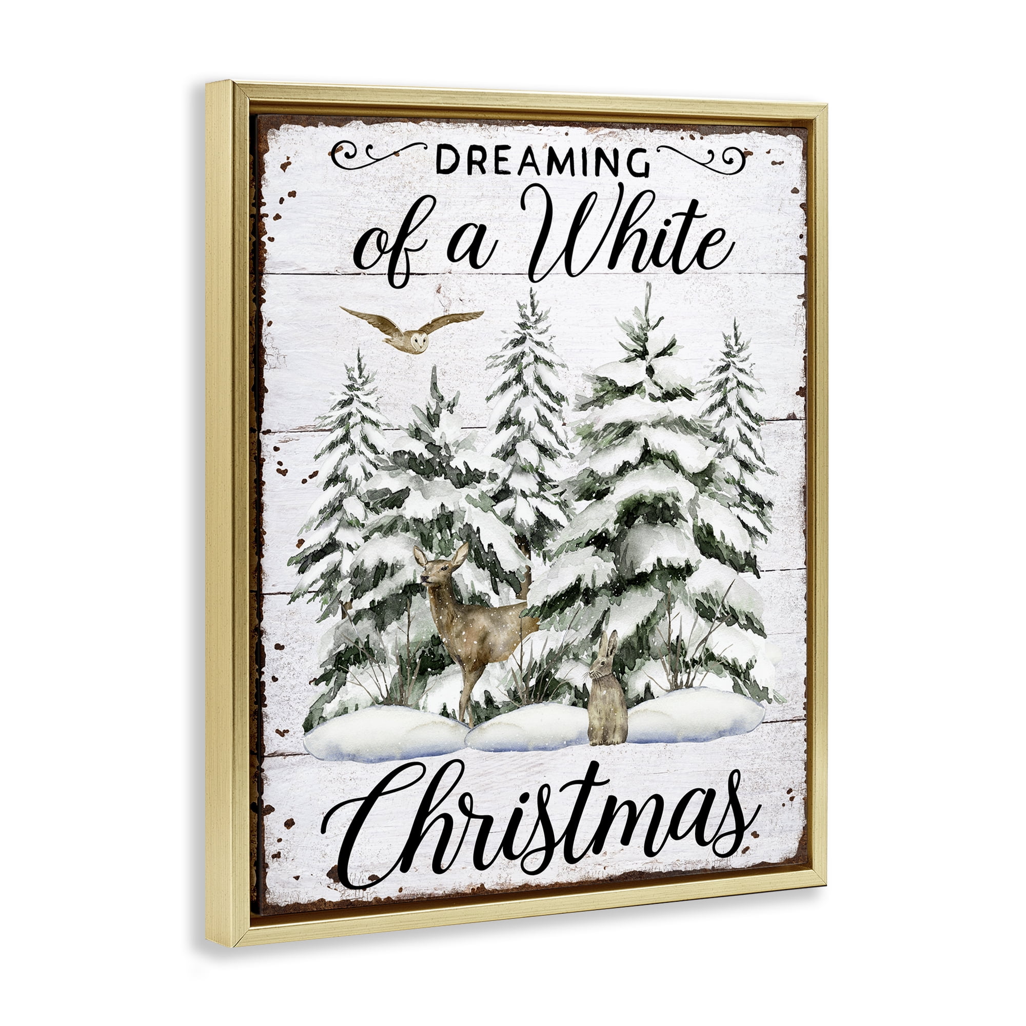 Stupell Industries White Christmas Forest Holiday Painting Gold Floater Framed Canvas Art Prints Wall Art, 25 x 31