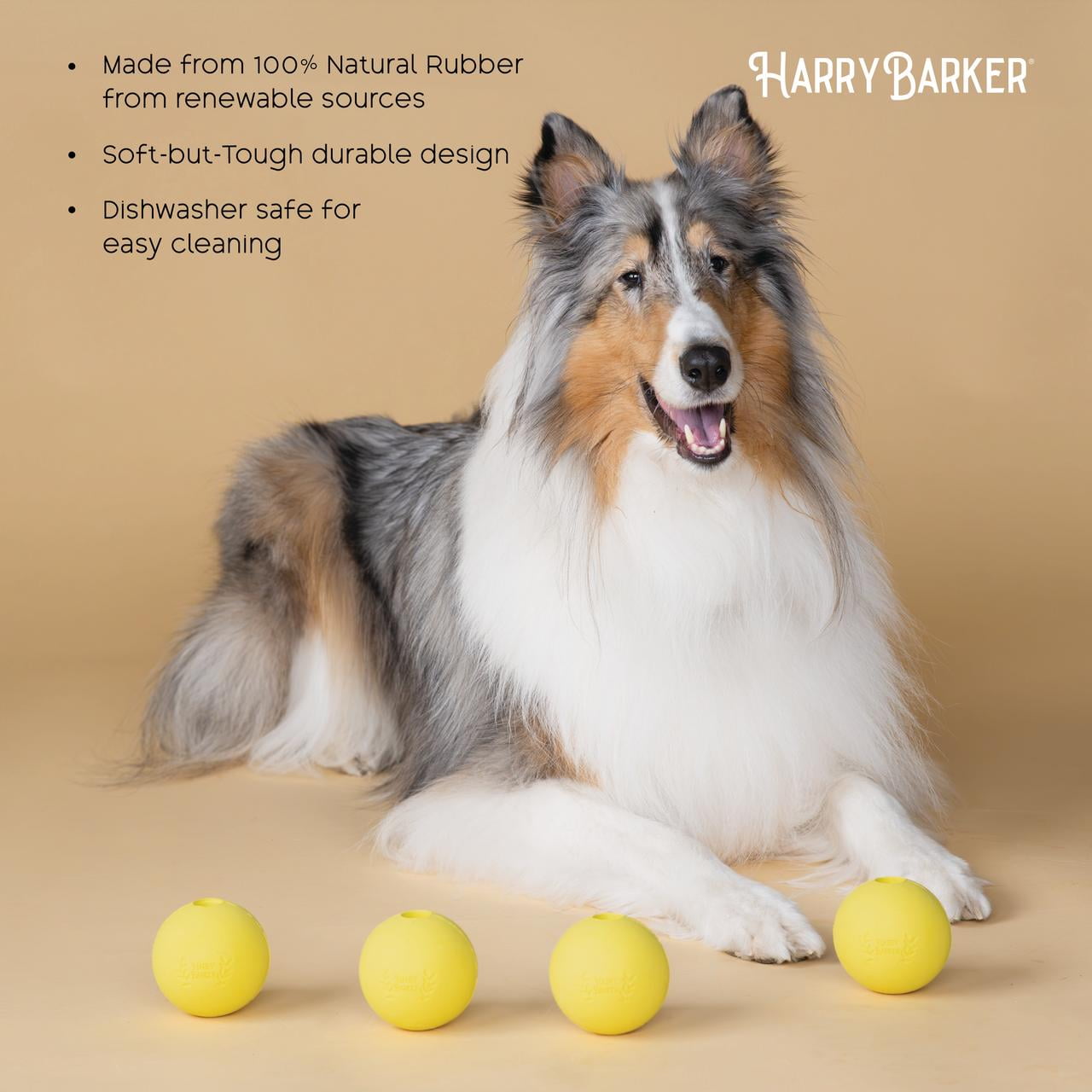 Harry Barker Durable All-Natural Rubber Balls for Dogs 3" Rubber Balls, Yellow, 4 Pack Set
