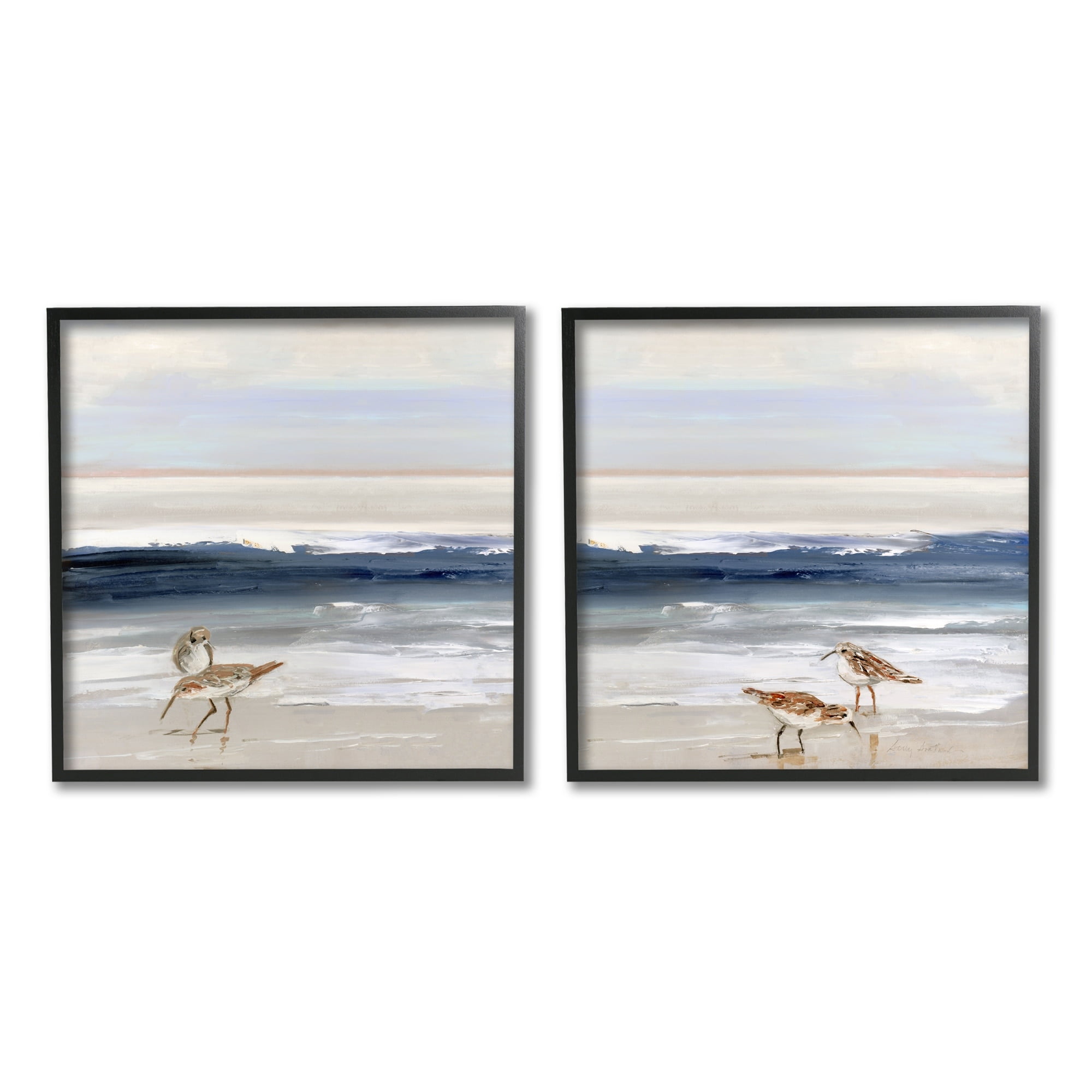 Stupell Industries Birds On Beach Shore Ocean Waves Blue Sky Landscape Paintings White Framed Art Print Wall Art Set of 2, 17x17, by Sally Swatland