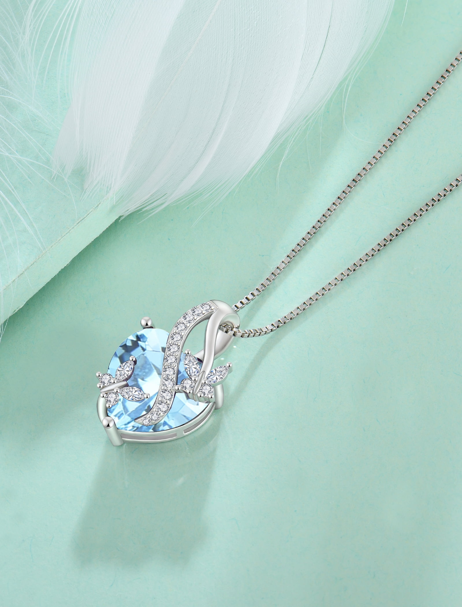 VESITIM Infinite Heart Pendant Sterling Silver Butterfly Necklace for Women Jewelry Gift with Birthstone March Created Aquamarine
