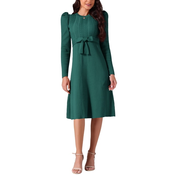 Vestidos de suéter de manga larga con volantes para mujer INSPIRE CHIC, cuello redondo, cintura con lazo, corte A, estilo casual, tejido de canalé, midi, 2XL, verde